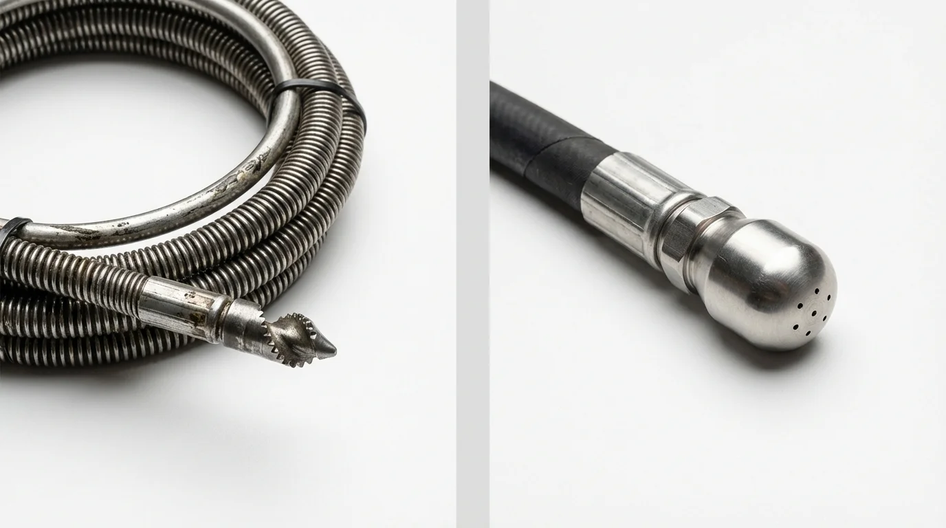 Drain snake cable and hydro jetting nozzle used for drain cleaning in Andover, NY