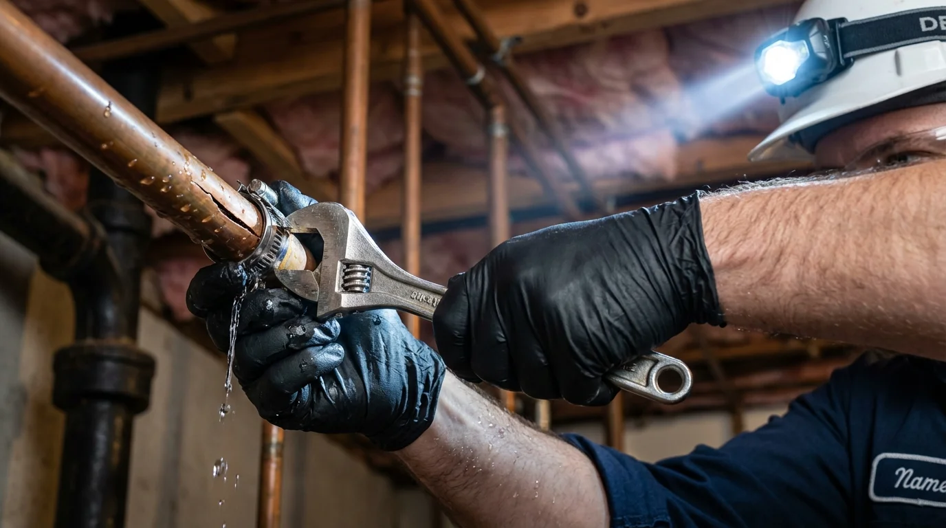 Emergency pipe clamp repair being performed by a Johns Plumbing LLC plumber in Andover