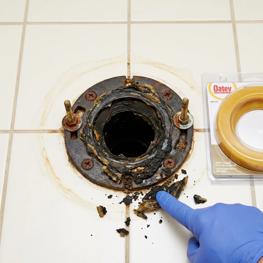 Failed wax ring showing water seepage at the base of a toilet in a Andover, NY home