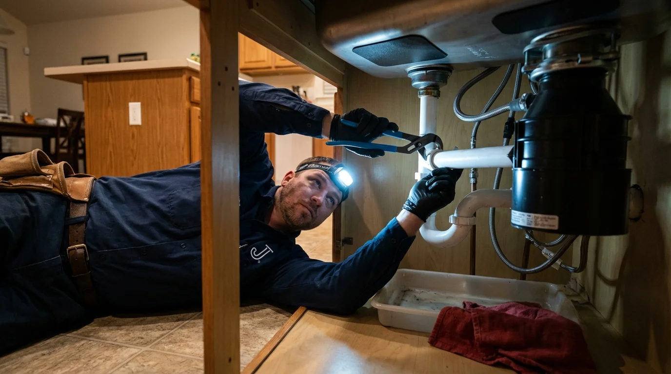 P-trap and supply line connections under a kitchen sink showing a common leak point in Andover, NY